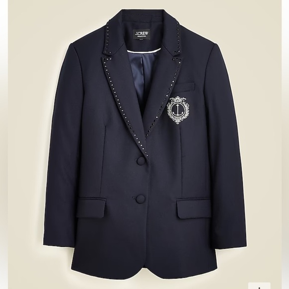 J crew navy Collection relaxed blazer crest embellishment in wool-blend flannel - Picture 4 of 5